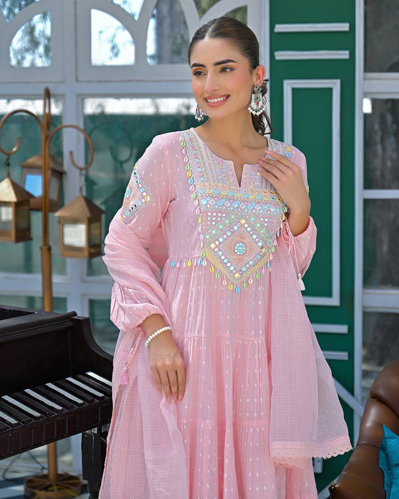 Light pink cotton embroidered sttiched kurta set