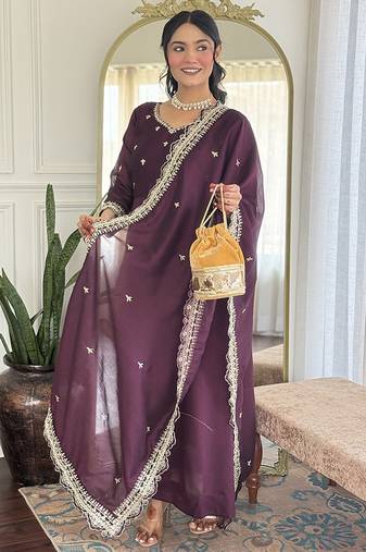 Wine color vichitra silk anarkali suit