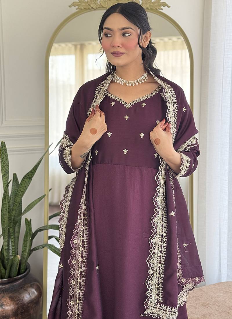 Wine color vichitra silk anarkali suit