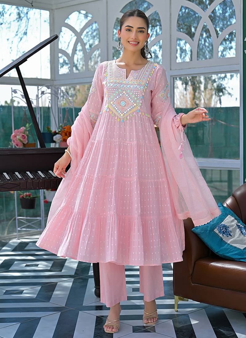 Light pink cotton embroidered sttiched kurta set