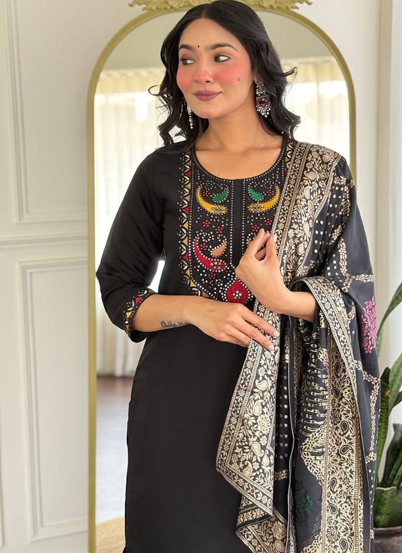 Black color roman silk readymade suit