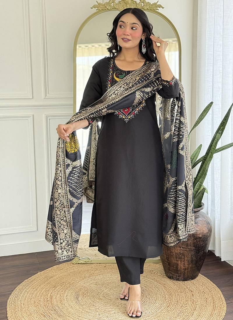 Black color roman silk readymade suit