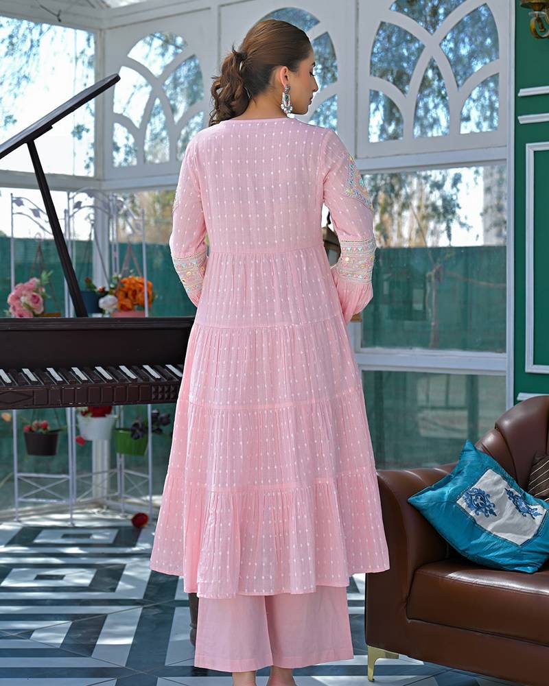 Light pink cotton embroidered sttiched kurta set