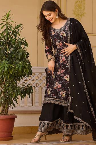 Coffee color chinon silk floral print suit