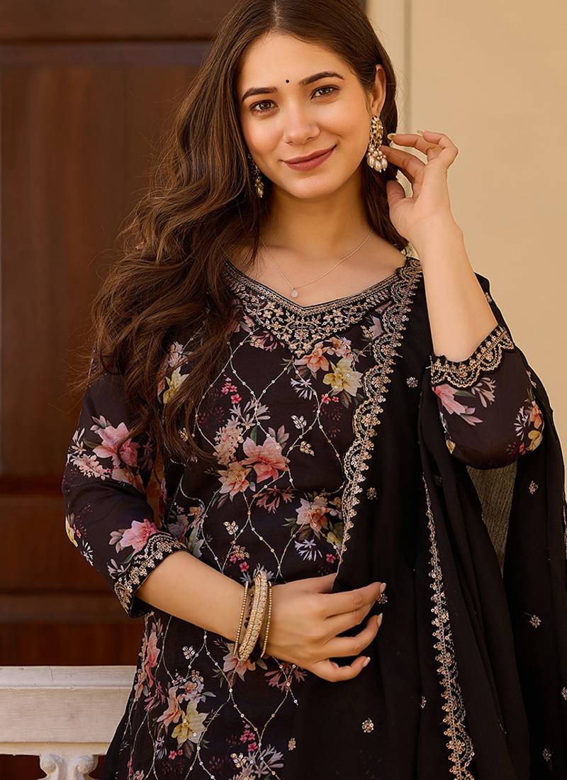 Coffee color chinon silk floral print suit