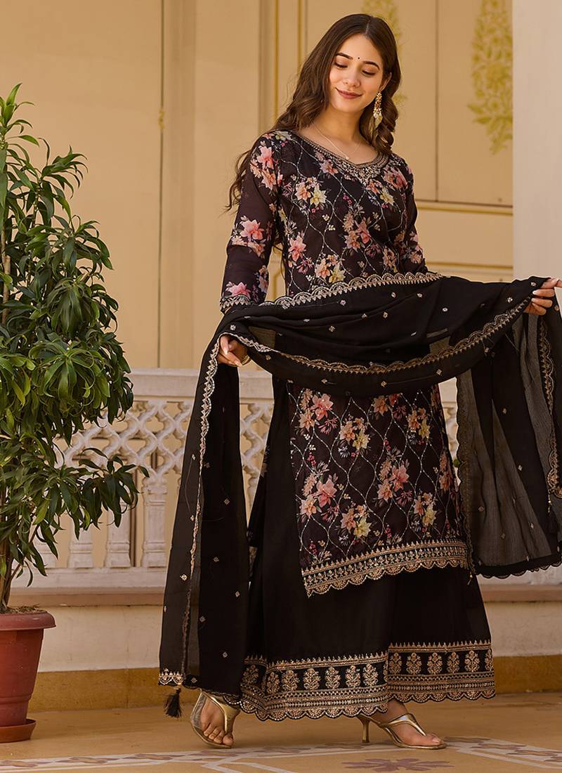 Coffee color chinon silk floral print suit