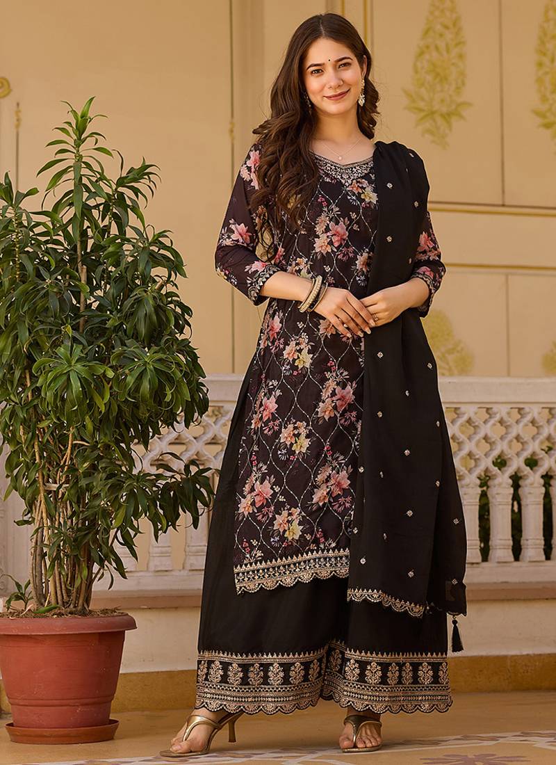 Coffee color chinon silk floral print suit