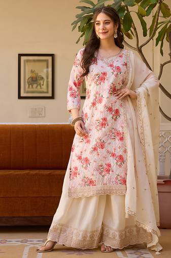 Cream color chinon silk floral print suit