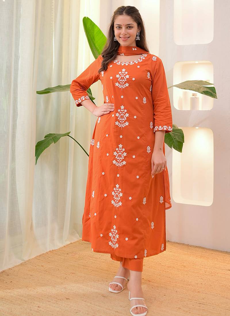 Orange color rayon ready made kurta set