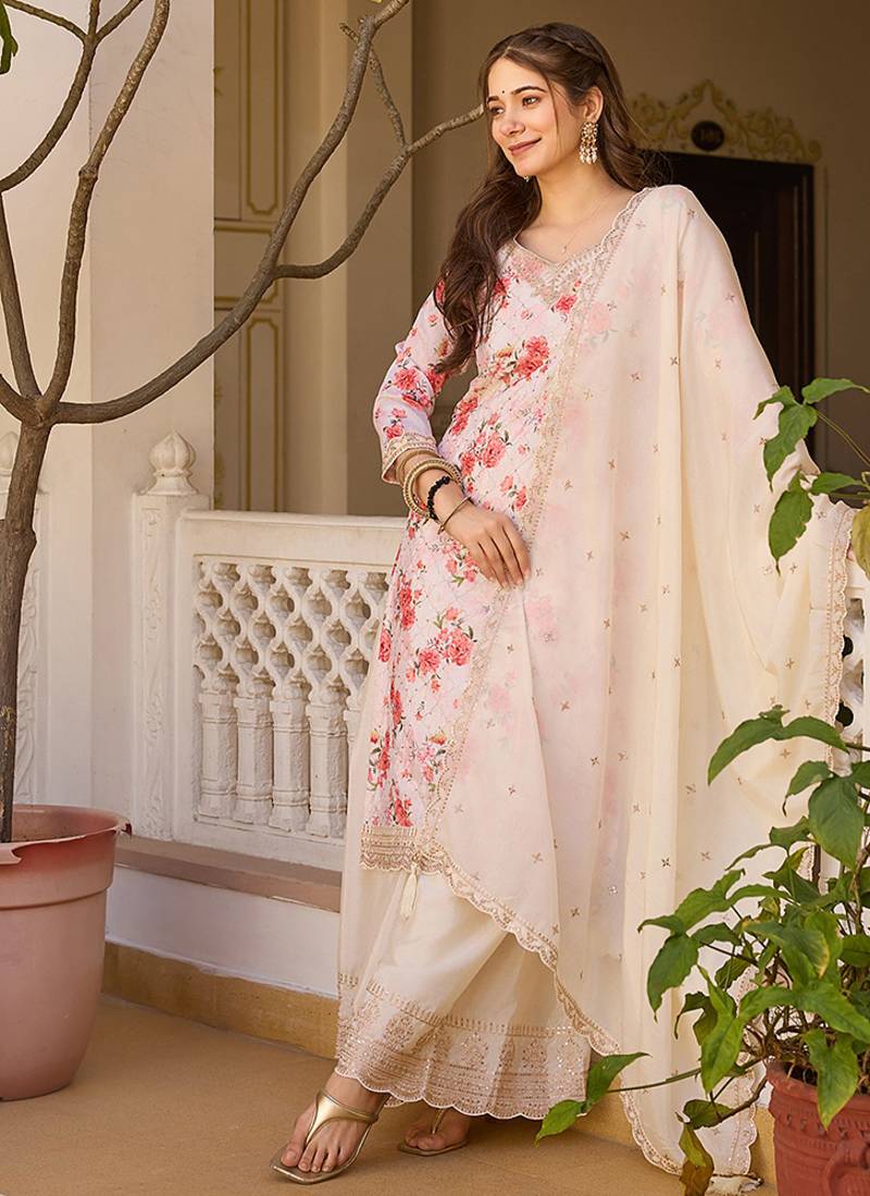 Cream color chinon silk floral print suit