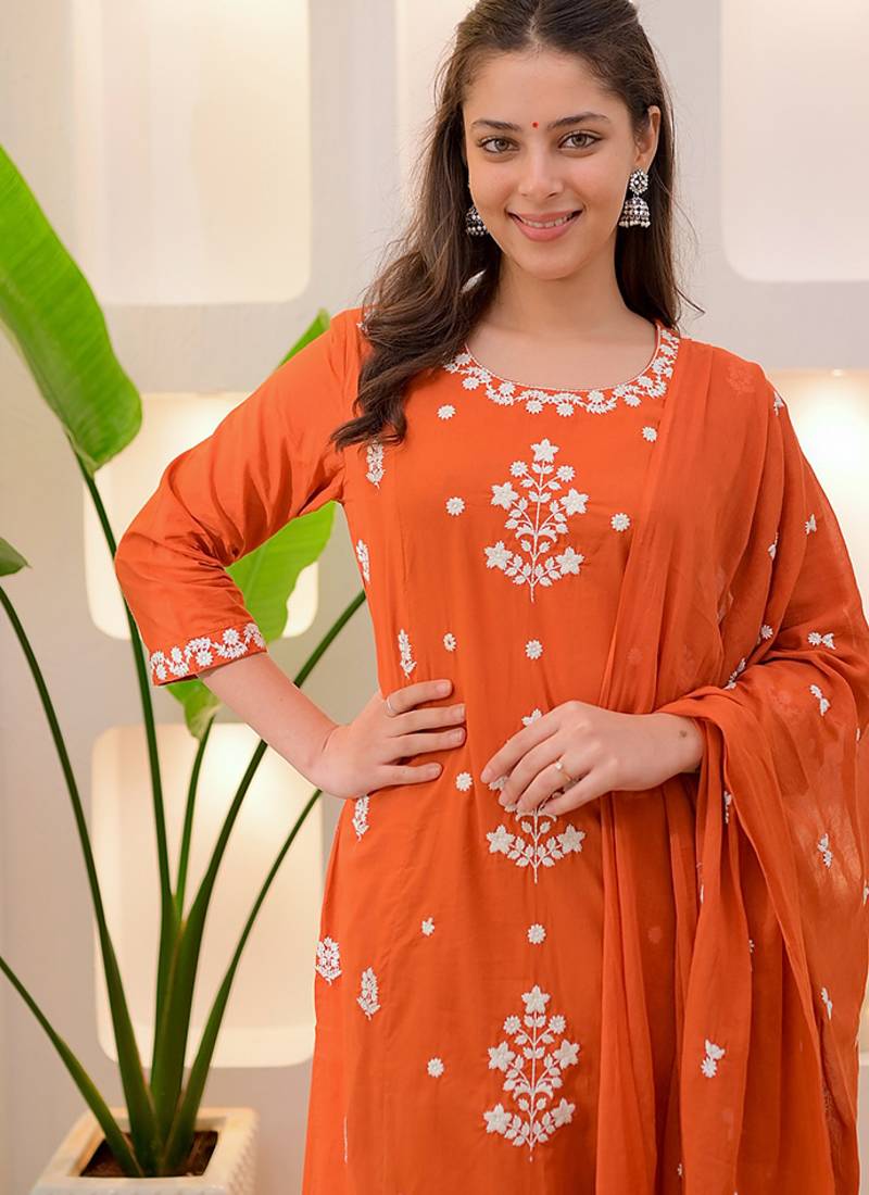 Orange color rayon ready made kurta set