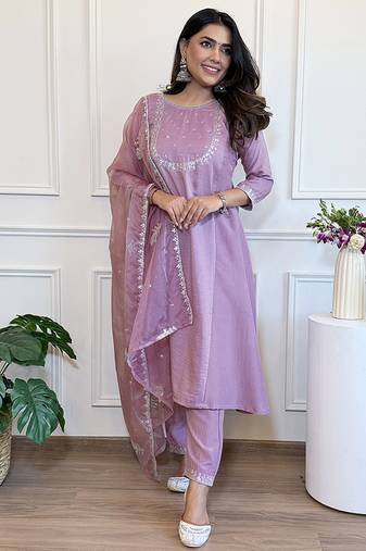 Mauve silk blend embroidered anarkali suit