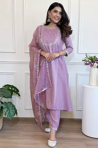 Mauve silk blend embroidered anarkali suit