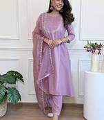 Mauve silk blend embroidered anarkali suit