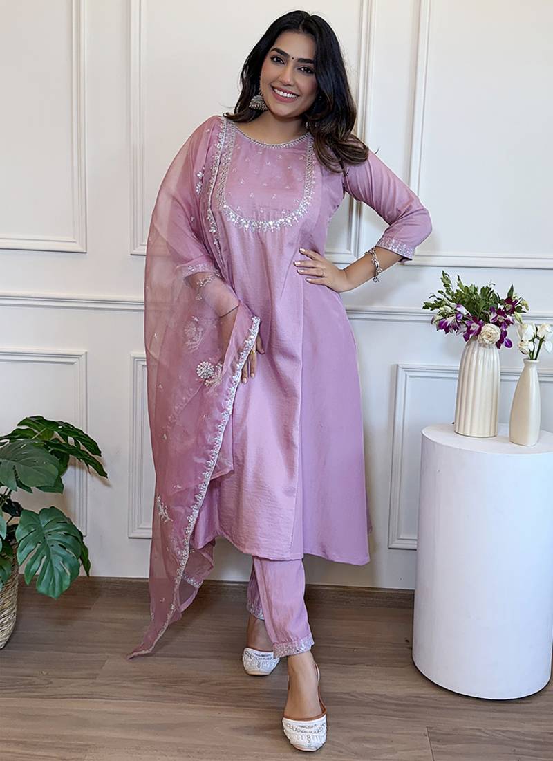 Mauve silk blend embroidered anarkali suit