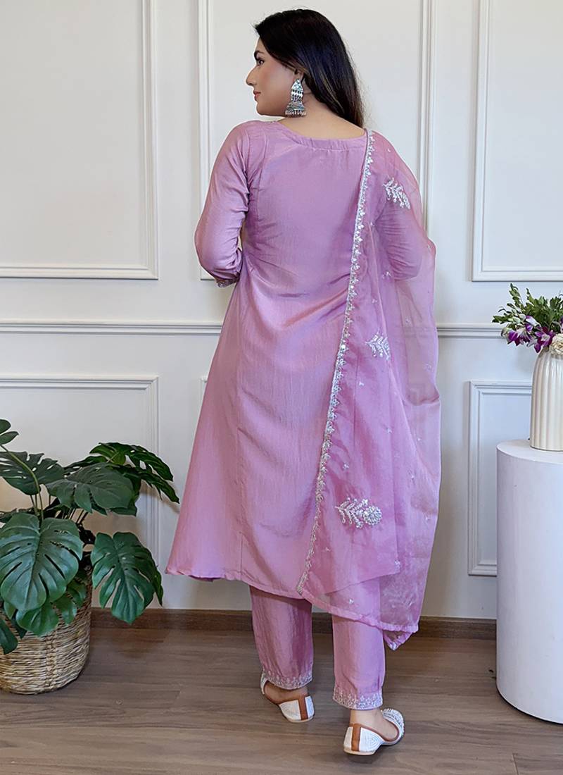 Mauve silk blend embroidered anarkali suit