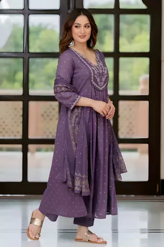  Cotton Anarkali Kurta Set with Pant & Dupatta | Embroidered Flared Kurta | Elegant Ethnic Suit
