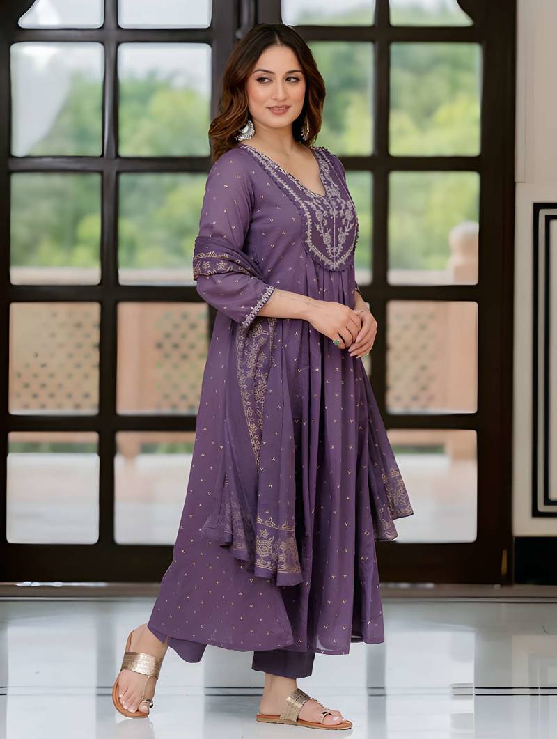 ANGAVASTRAM Women’s Cotton Anarkali Kurta Set with Pant & Dupatta | Embroidered Flared Kurta | Elegant Ethnic Suit