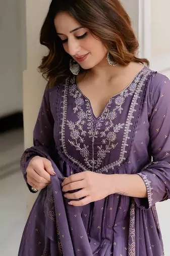  Cotton Anarkali Kurta Set with Pant & Dupatta | Embroidered Flared Kurta | Elegant Ethnic Suit