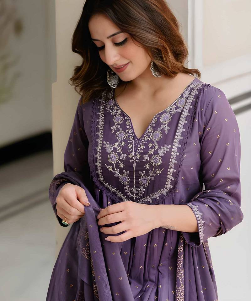 ANGAVASTRAM Women’s Cotton Anarkali Kurta Set with Pant & Dupatta | Embroidered Flared Kurta | Elegant Ethnic Suit