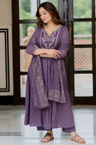  Cotton Anarkali Kurta Set with Pant & Dupatta | Embroidered Flared Kurta | Elegant Ethnic Suit