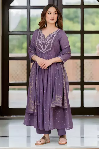  Cotton Anarkali Kurta Set with Pant & Dupatta | Embroidered Flared Kurta | Elegant Ethnic Suit