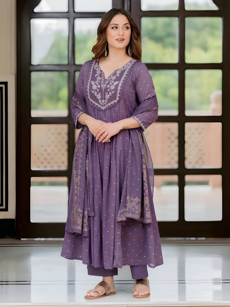 ANGAVASTRAM Women’s Cotton Anarkali Kurta Set with Pant & Dupatta | Embroidered Flared Kurta | Elegant Ethnic Suit