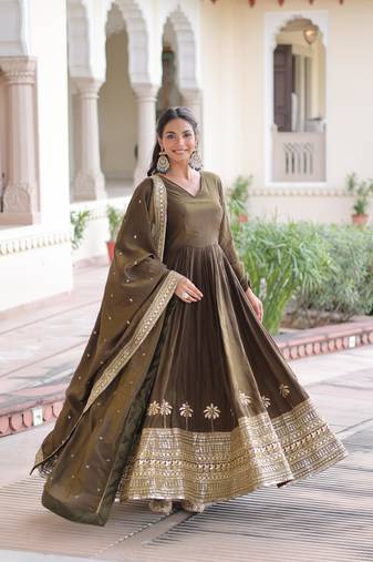 Mehndi vichitra silk sequins embroidered gown with heavy dupatta