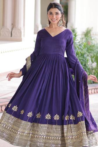 Purple vichitra silk sequins embroidered gown with heavy dupatta