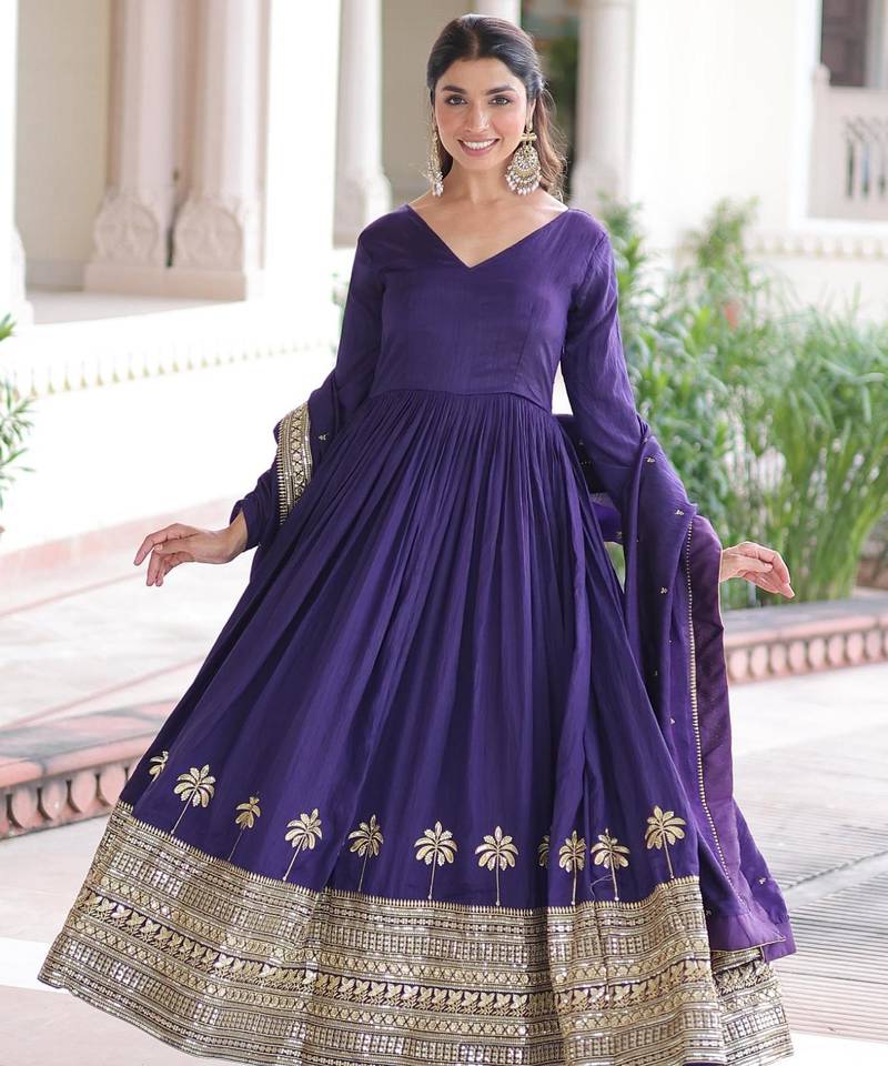 Purple vichitra silk sequins embroidered gown with heavy dupatta