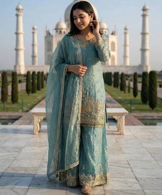 Teal Color Fendy Silk Heavy Embroidery Work Party wear palazzo Pair 2