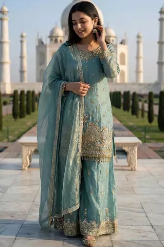 Teal Color Fendy Silk Heavy Embroidery Work Party wear palazzo Pair