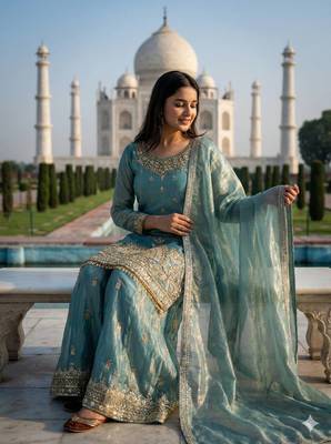 Teal Color Fendy Silk Heavy Embroidery Work Party wear palazzo Pair 3