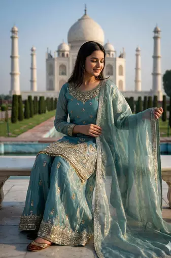 Teal Color Fendy Silk Heavy Embroidery Work Party wear palazzo Pair