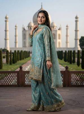 Teal Color Fendy Silk Heavy Embroidery Work Party wear palazzo Pair 4