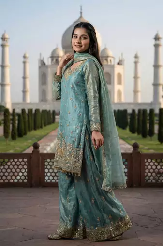 Teal Color Fendy Silk Heavy Embroidery Work Party wear palazzo Pair