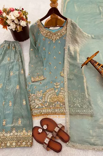 Teal Color Fendy Silk Heavy Embroidery Work Party wear palazzo Pair