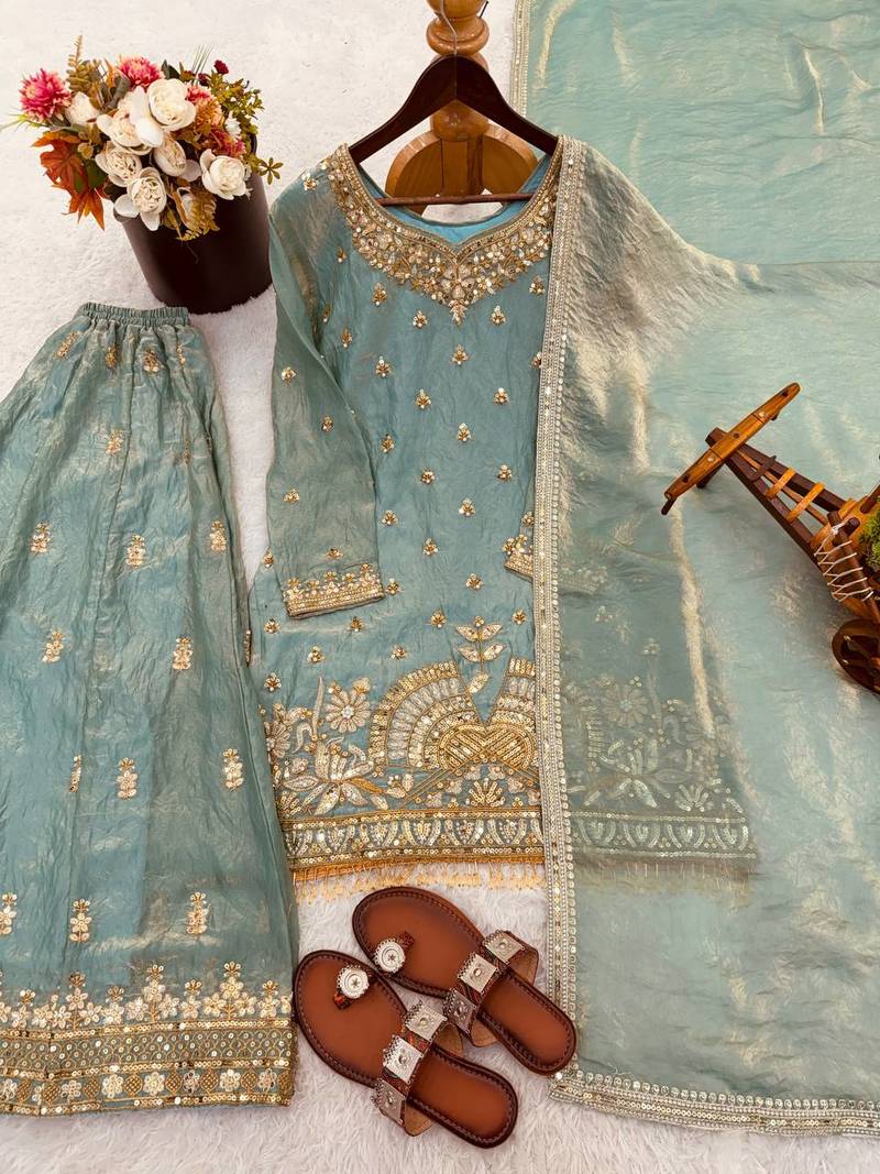 Teal Color Fendy Silk Heavy Embroidery Work Party wear palazzo Pair