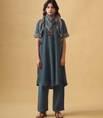 Blue textured cotton kurta set with matching scarf