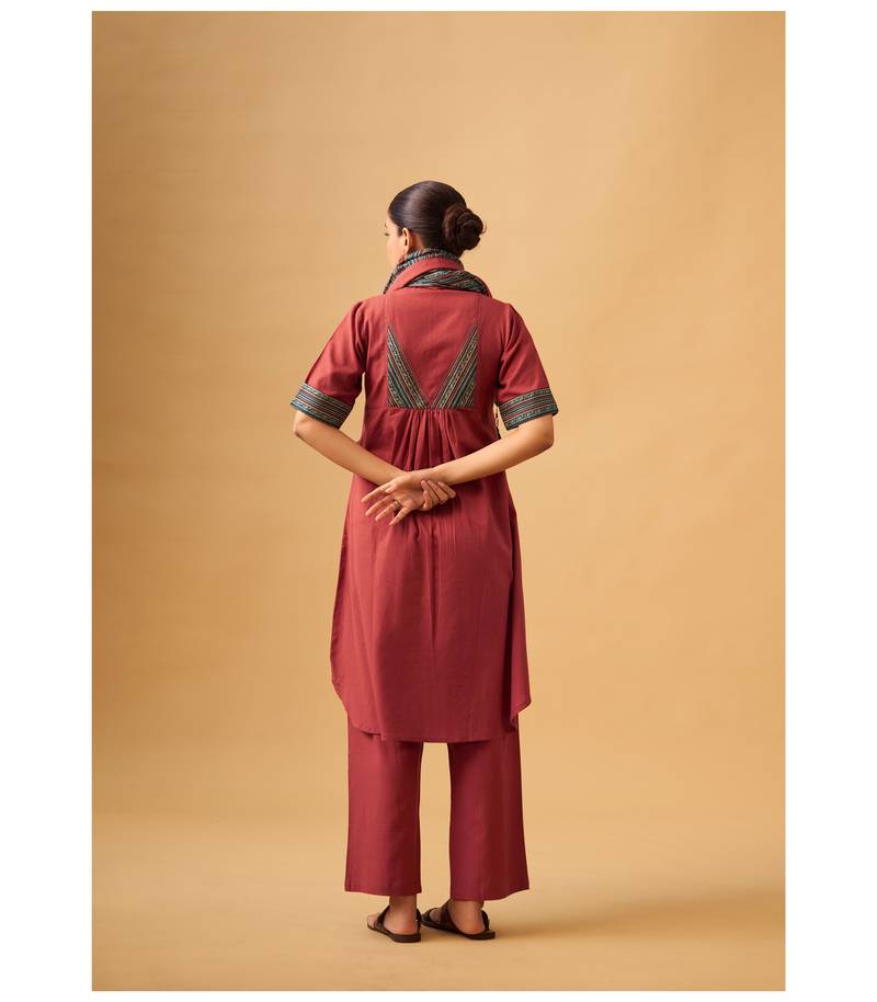Red cotton kurta set with contrast detailing & tassel scarf
