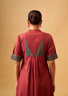 Red cotton kurta set with contrast detailing & tassel scarf 4