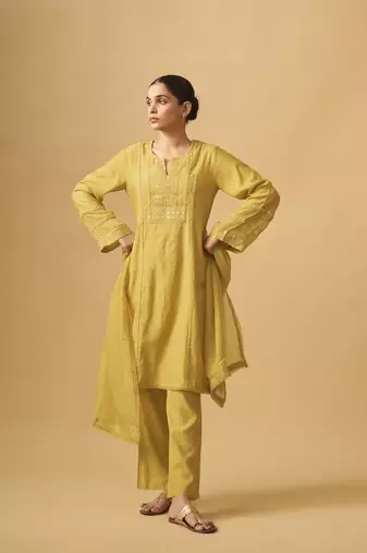 Sunlit mustard viscose rayon kurta set with sheer organza dupatta
