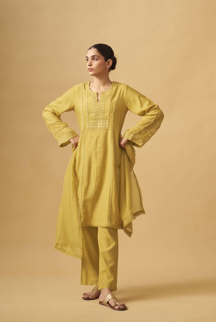 Sunlit mustard viscose rayon kurta set with sheer organza dupatta
