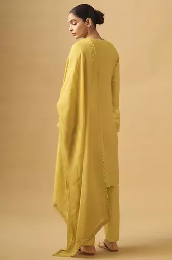 Sunlit mustard viscose rayon kurta set with sheer organza dupatta