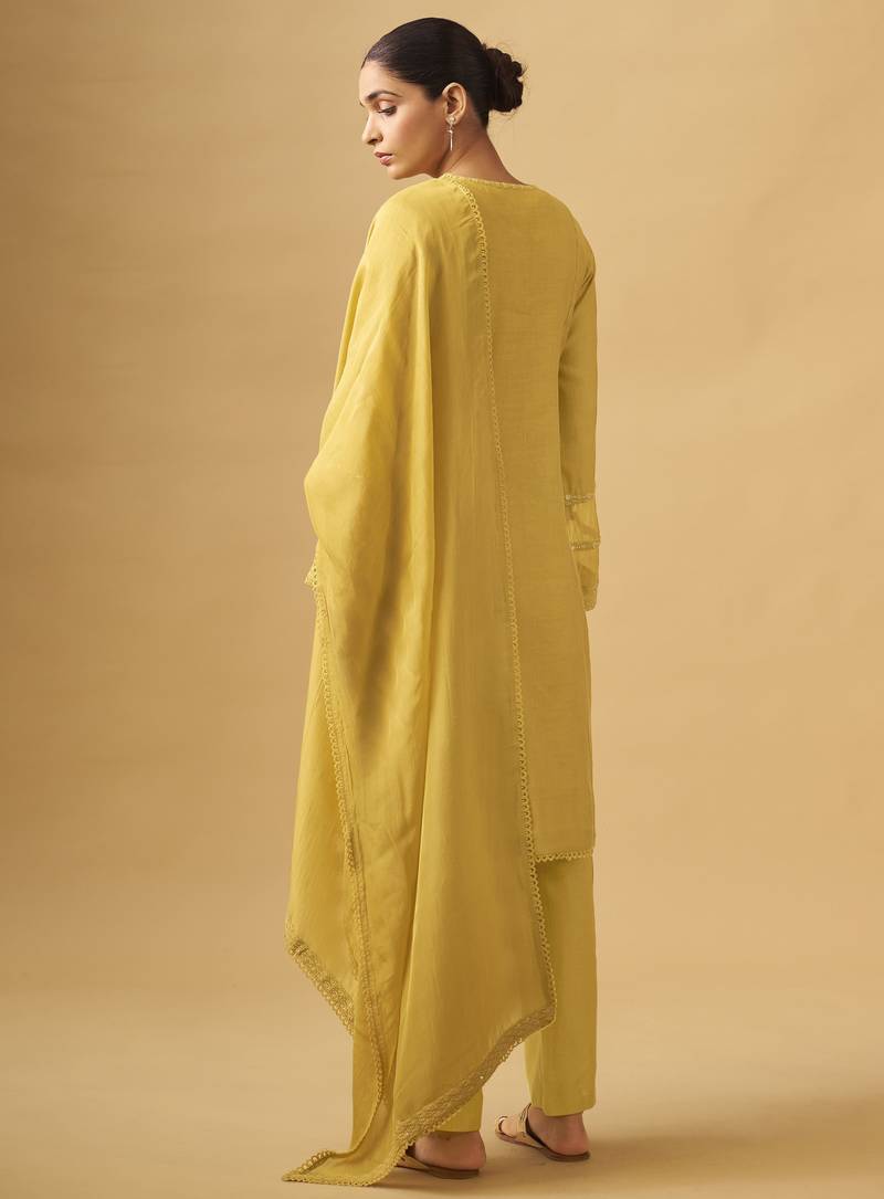 Sunlit mustard viscose rayon kurta set with sheer organza dupatta