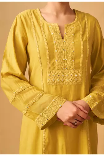 Sunlit mustard viscose rayon kurta set with sheer organza dupatta