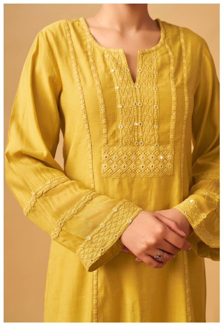 Sunlit mustard viscose rayon kurta set with sheer organza dupatta