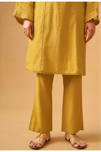 Sunlit mustard viscose rayon kurta set with sheer organza dupatta
