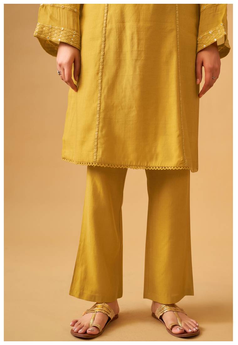 Sunlit mustard viscose rayon kurta set with sheer organza dupatta