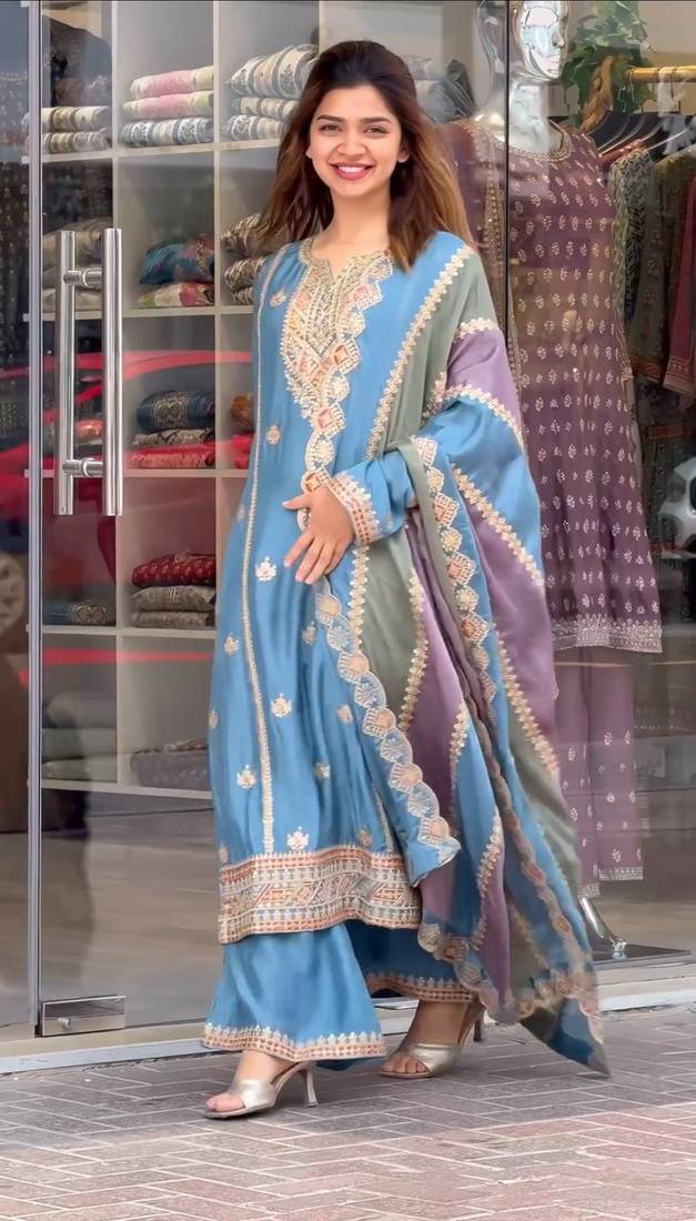 Blue COlor Faux Georgette Embroidery Work Designer palazzo Set
